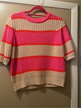 Striped Crewneck Sweater in Cream, Pink & Neon Orange!  NWOT!  Medium!